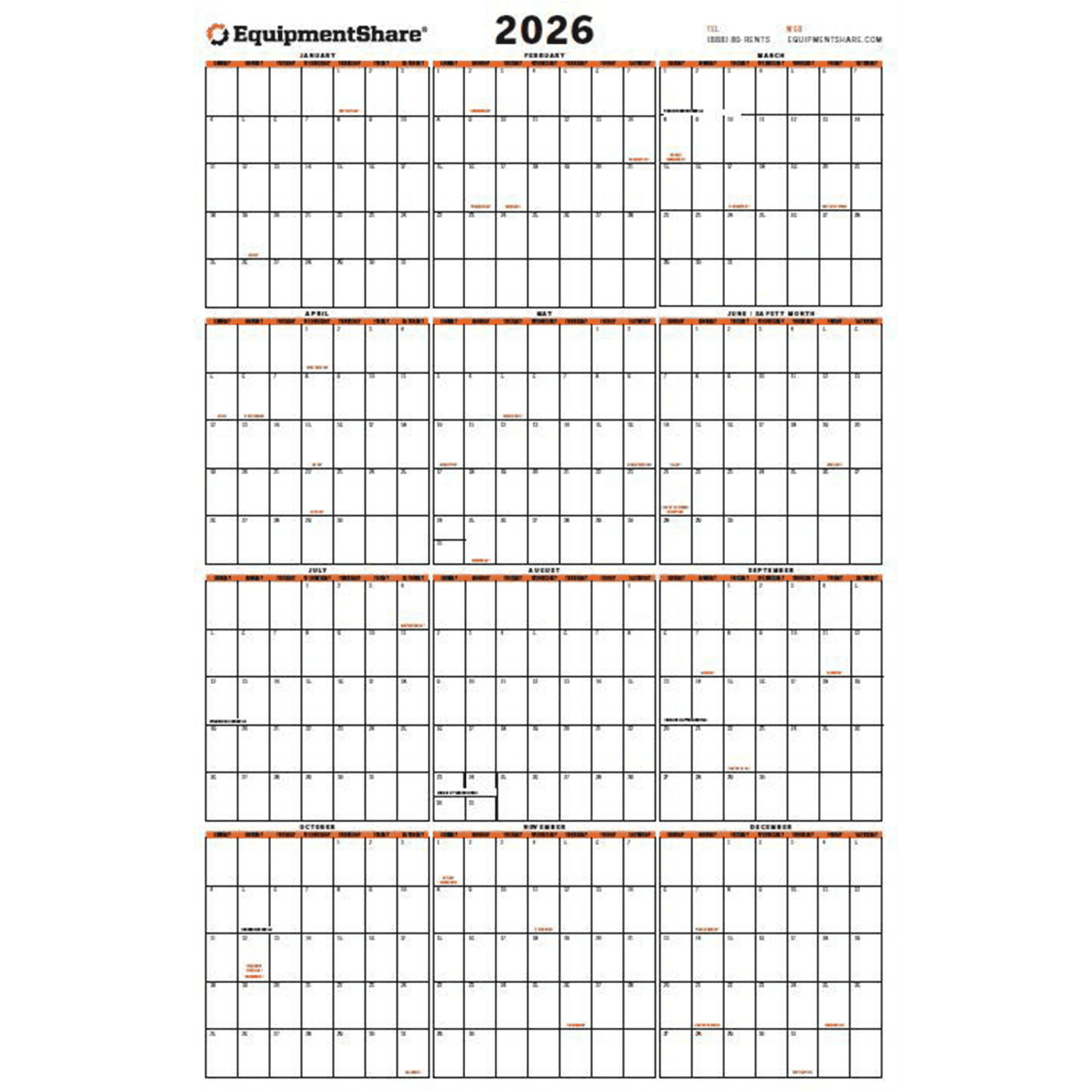 2026 EquipmentShare Dry Erase 12 Month Wall Calendar