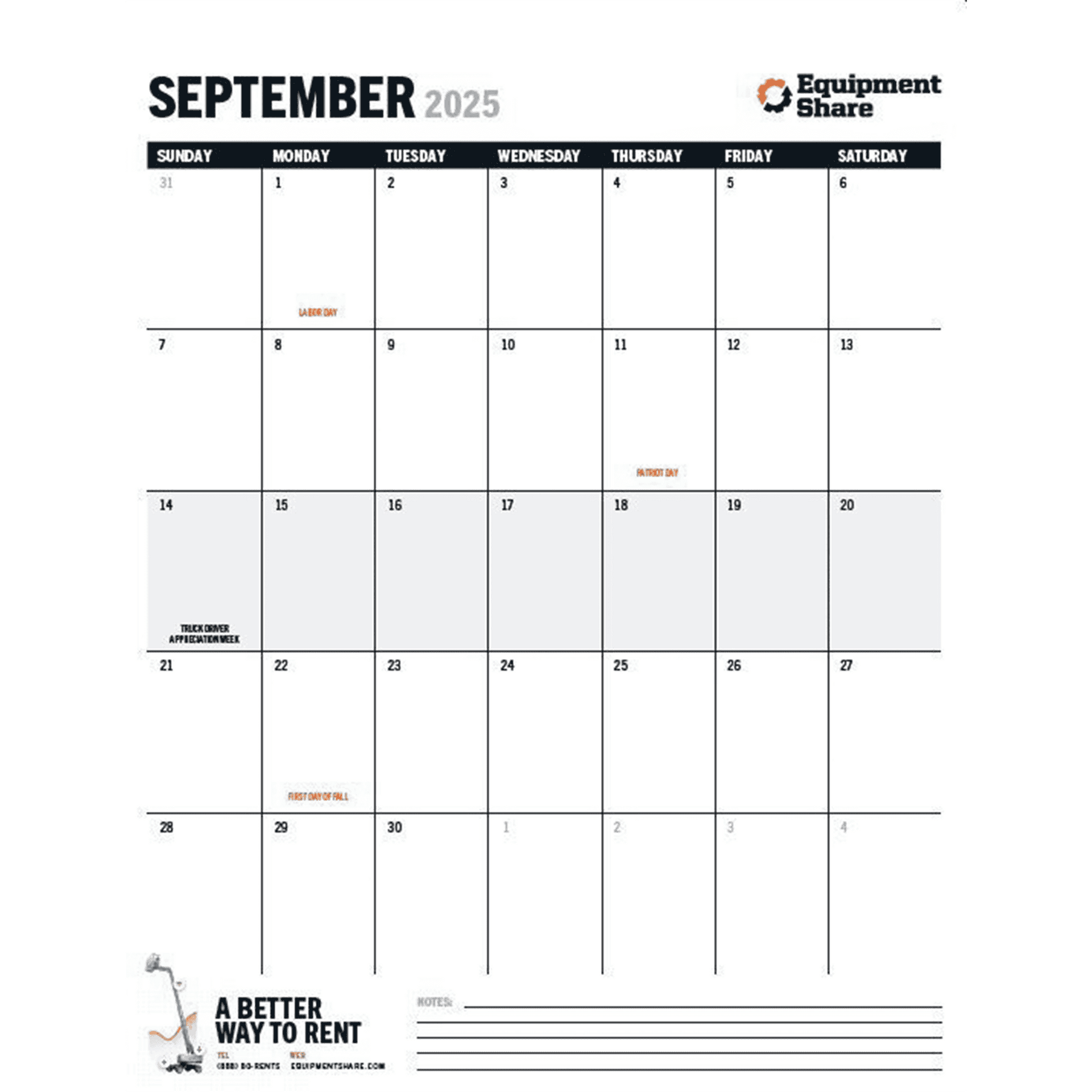 2026 EquipmentShare Large Spiral Wall 16 Month Calendar 22" x 17"