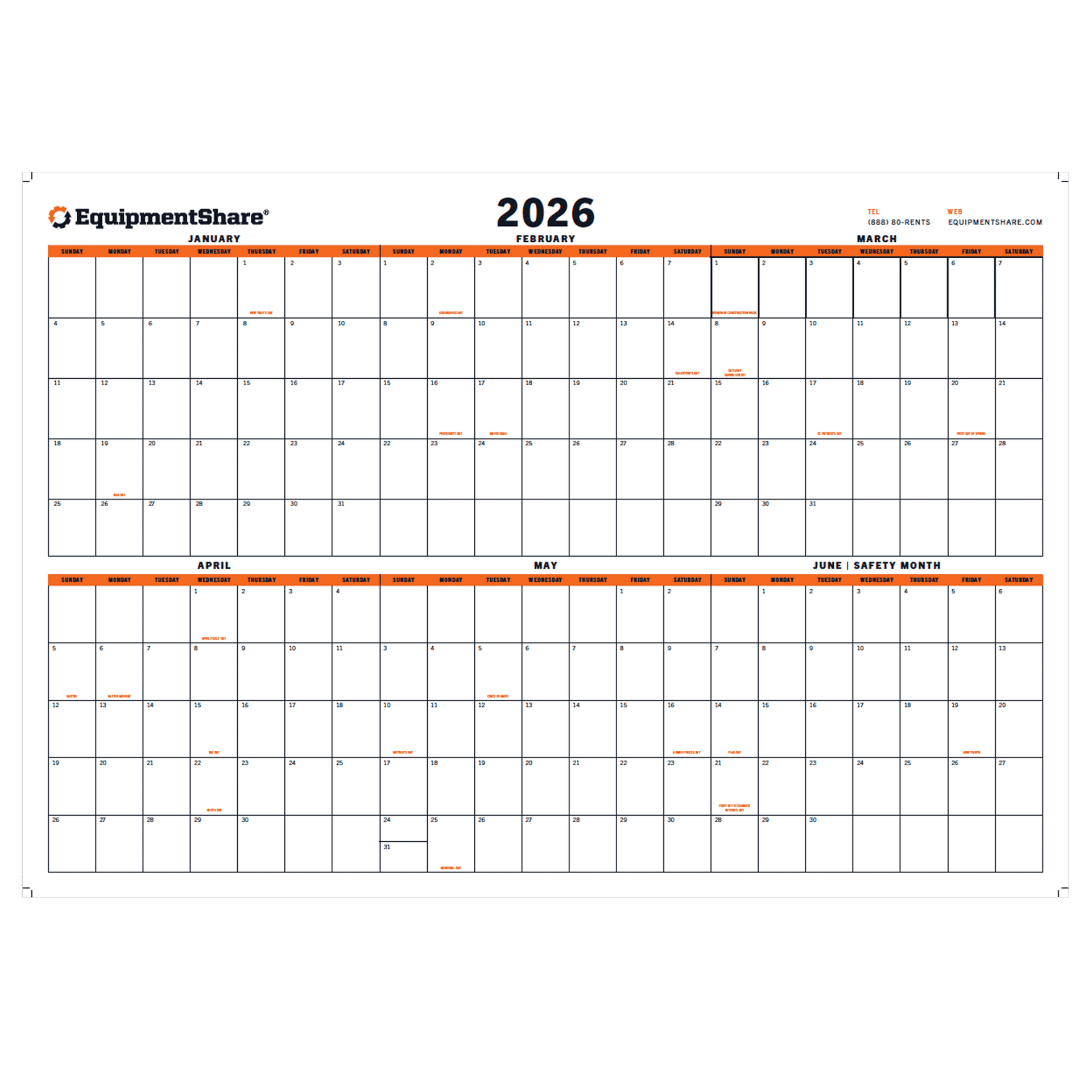 2026 EquipmentShare Dry Erase 6 Month (January - June) Wall Calendar