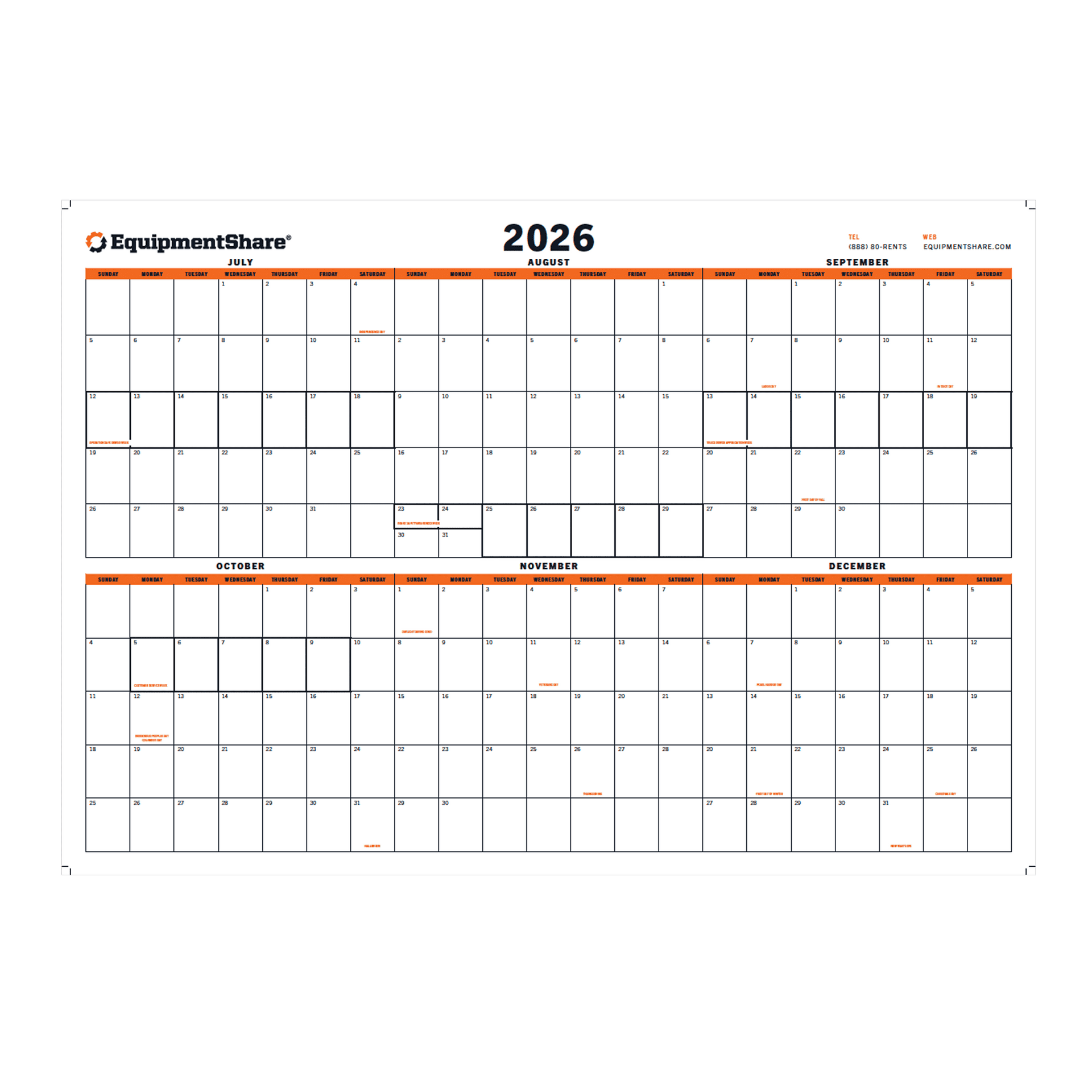 2026 EquipmentShare Dry Erase 6 Month (July - December) Wall Calendar