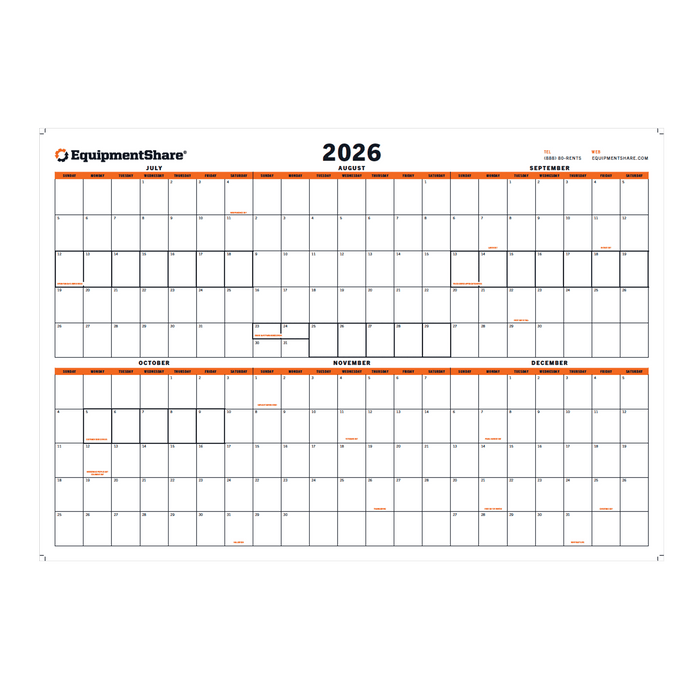 2026 EquipmentShare Dry Erase 6 Month (July - December) Wall Calendar