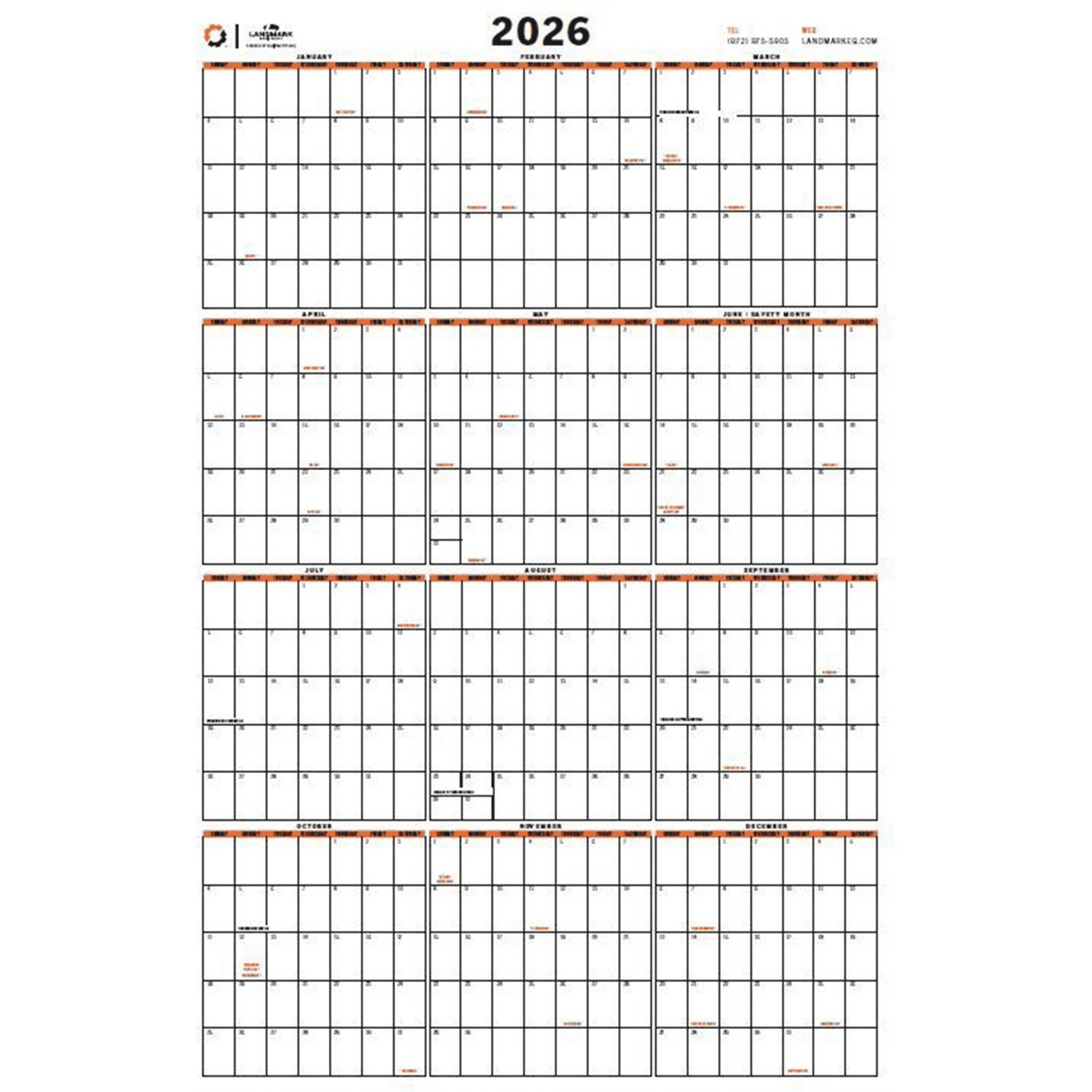 2026 Landmark Dry Erase 12 Month Wall Calendar