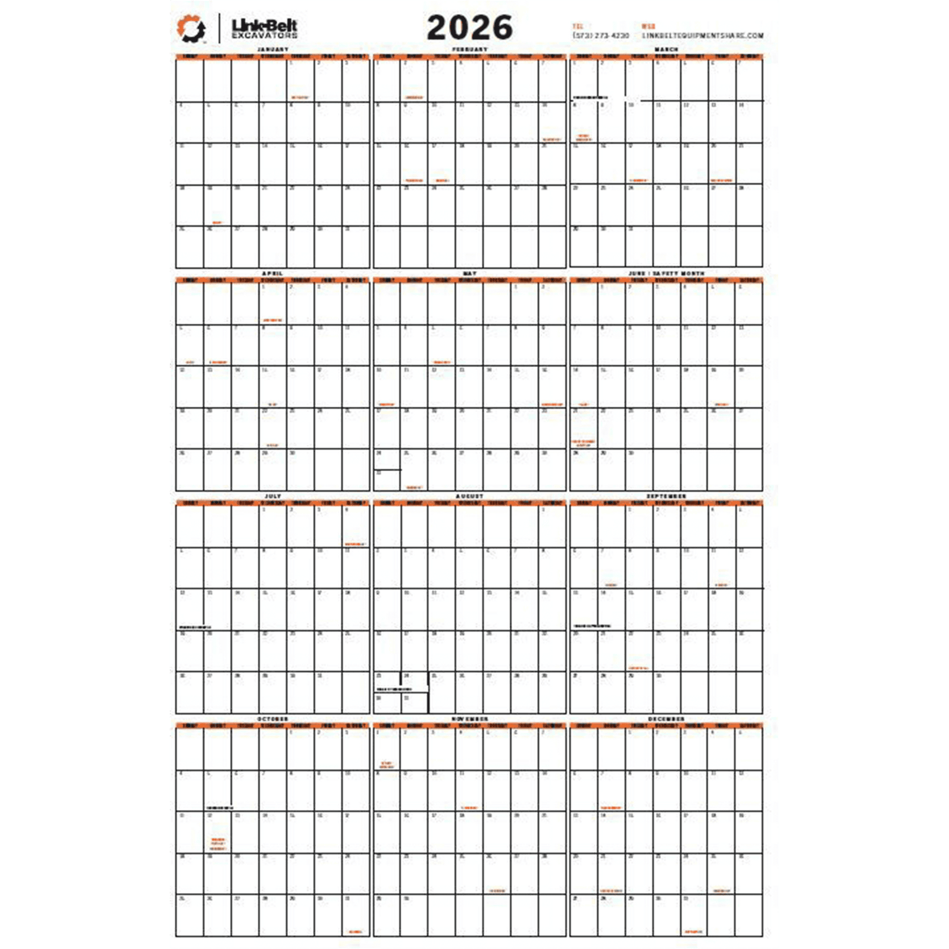2026 ES +  Link-Belt Dry Erase 12 Month Wall Calendar