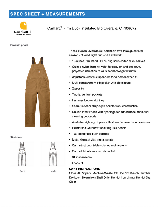 EquipmentShare Carhartt Firm Duck Insulated Bib Overalls