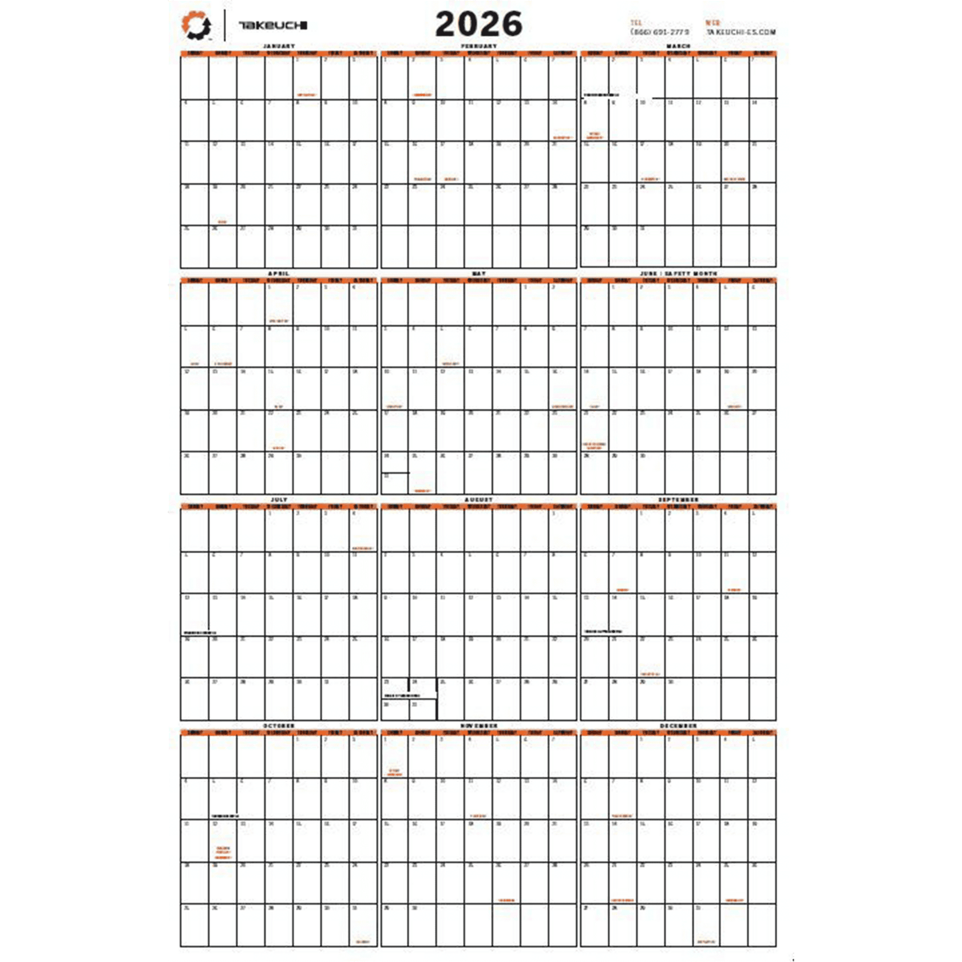 2026 ES + Takeuchi Dry Erase 12 Month Wall Calendar