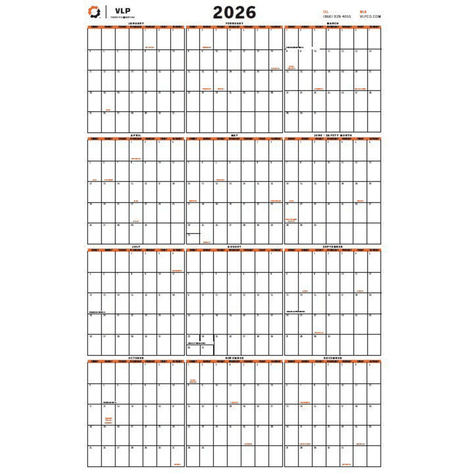 2026 VLP Dry Erase 12 Month Wall Calendar