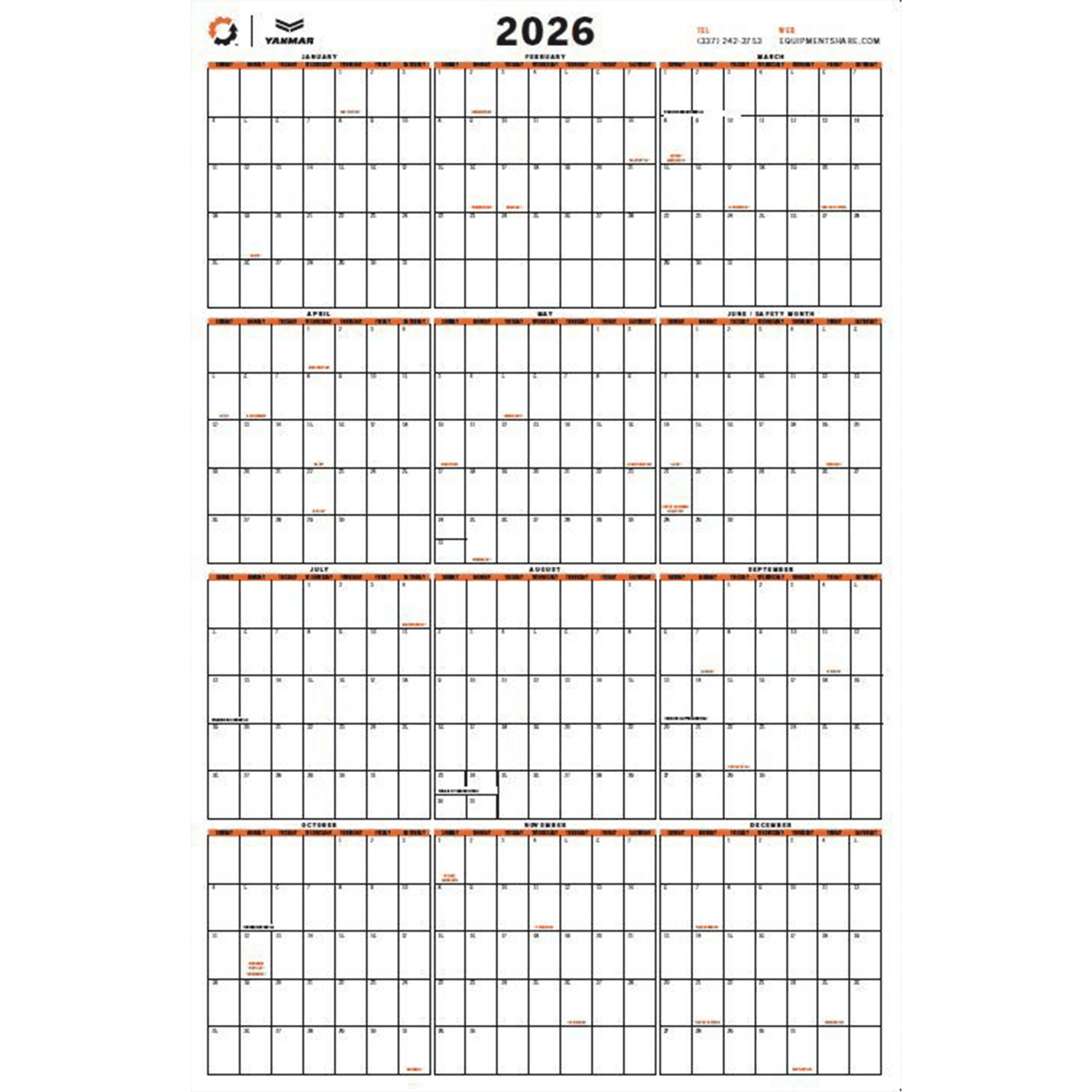 2026 ES + Yanmar Dry Erase 12 Month Wall Calendar